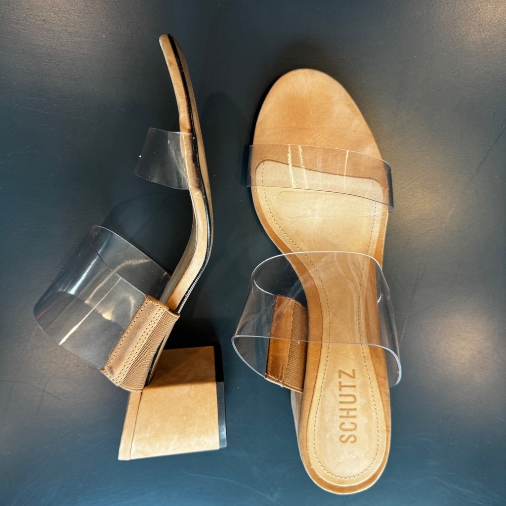 Schutz Women 9 B Clear Strap Tan Footbed Block Heel Slide Mule Sandals Neutral